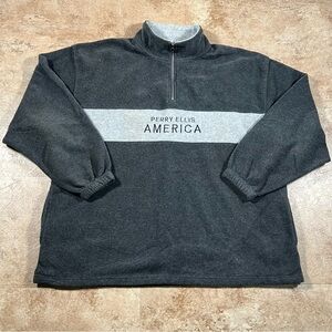 Vintage Perry Ellis America Fleece Sweater Mens 1/4 Zip Pullover‎ Black Gray XXL